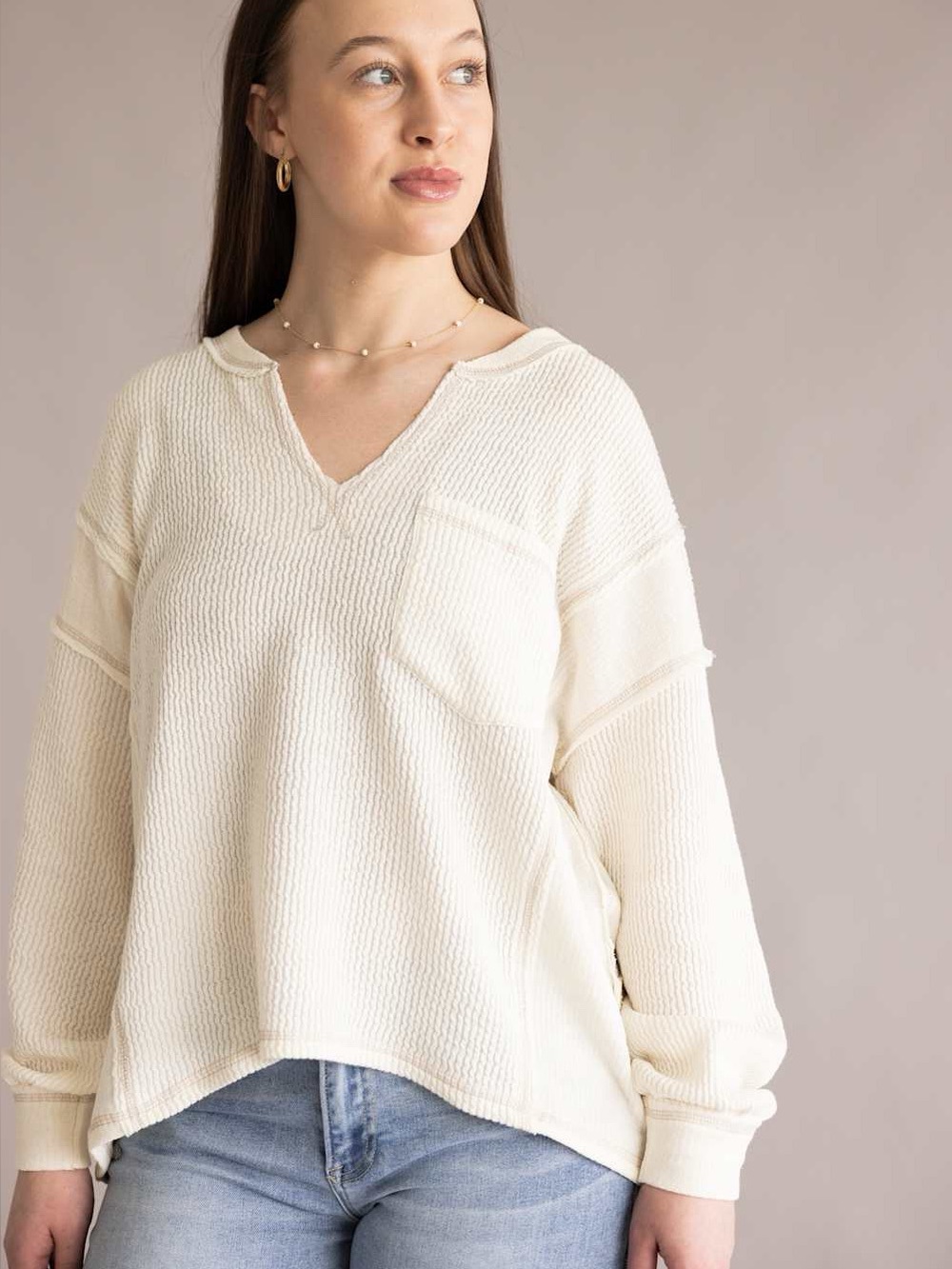 Cream V-Neck Waffle Knit Women's Sweater